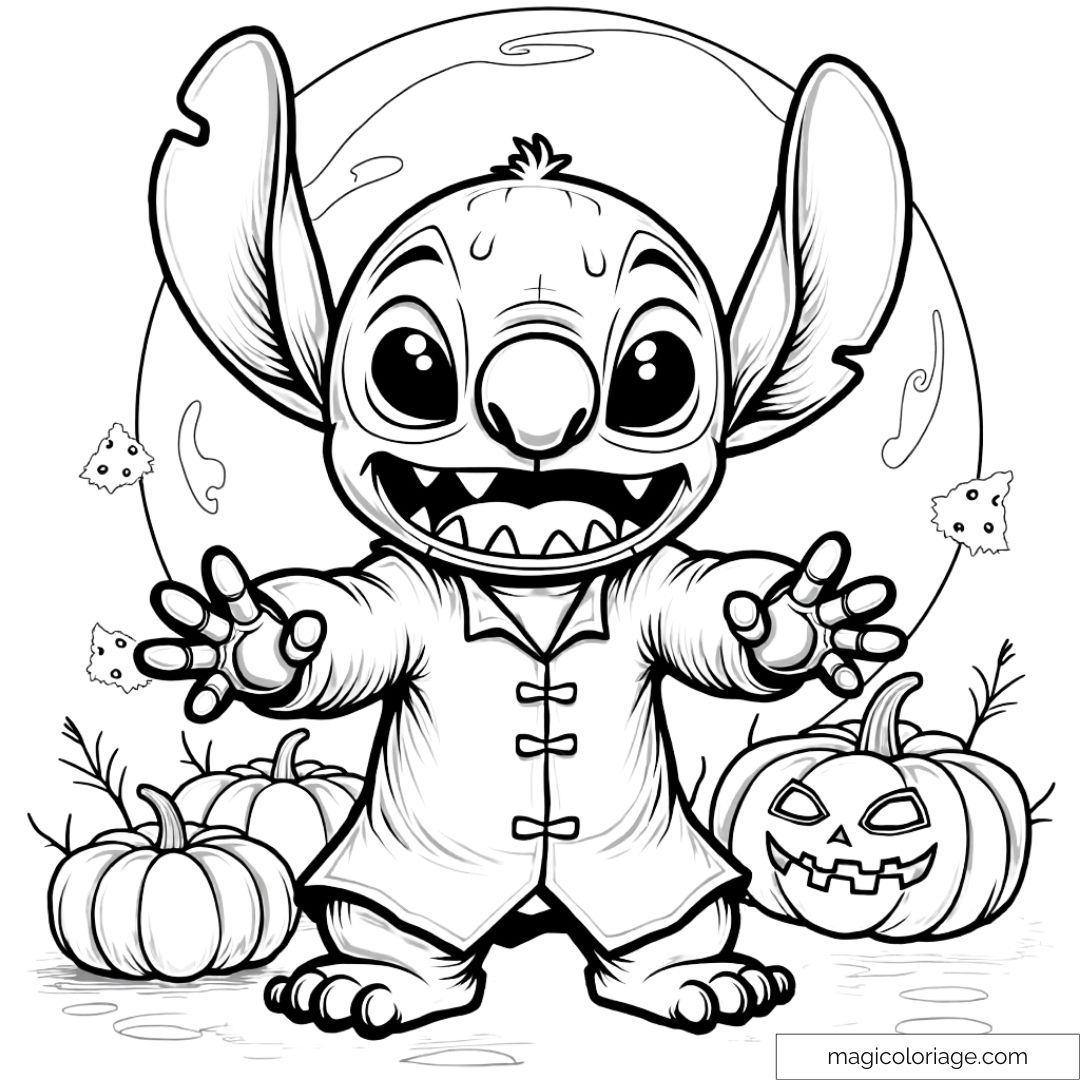 Dessin à colorier de Stitch déguisé en monstre pour Halloween, entouré de citrouilles et de décorations, idéal à imprimer pour les enfants.