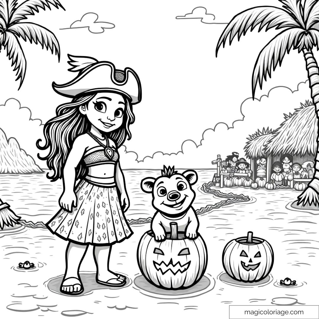 Dessin à colorier de Vaiana avec Pua pour Halloween, entourés de citrouilles sculptées sur une plage tropicale, idéal pour les enfants.