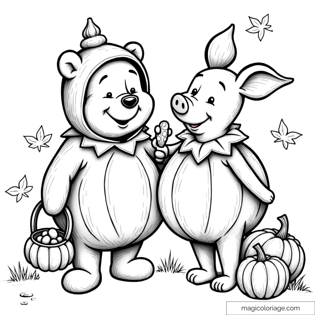 Dessin à colorier de Winnie l'Ourson et Porcinet déguisés en citrouilles pour Halloween, à imprimer pour les enfants.
