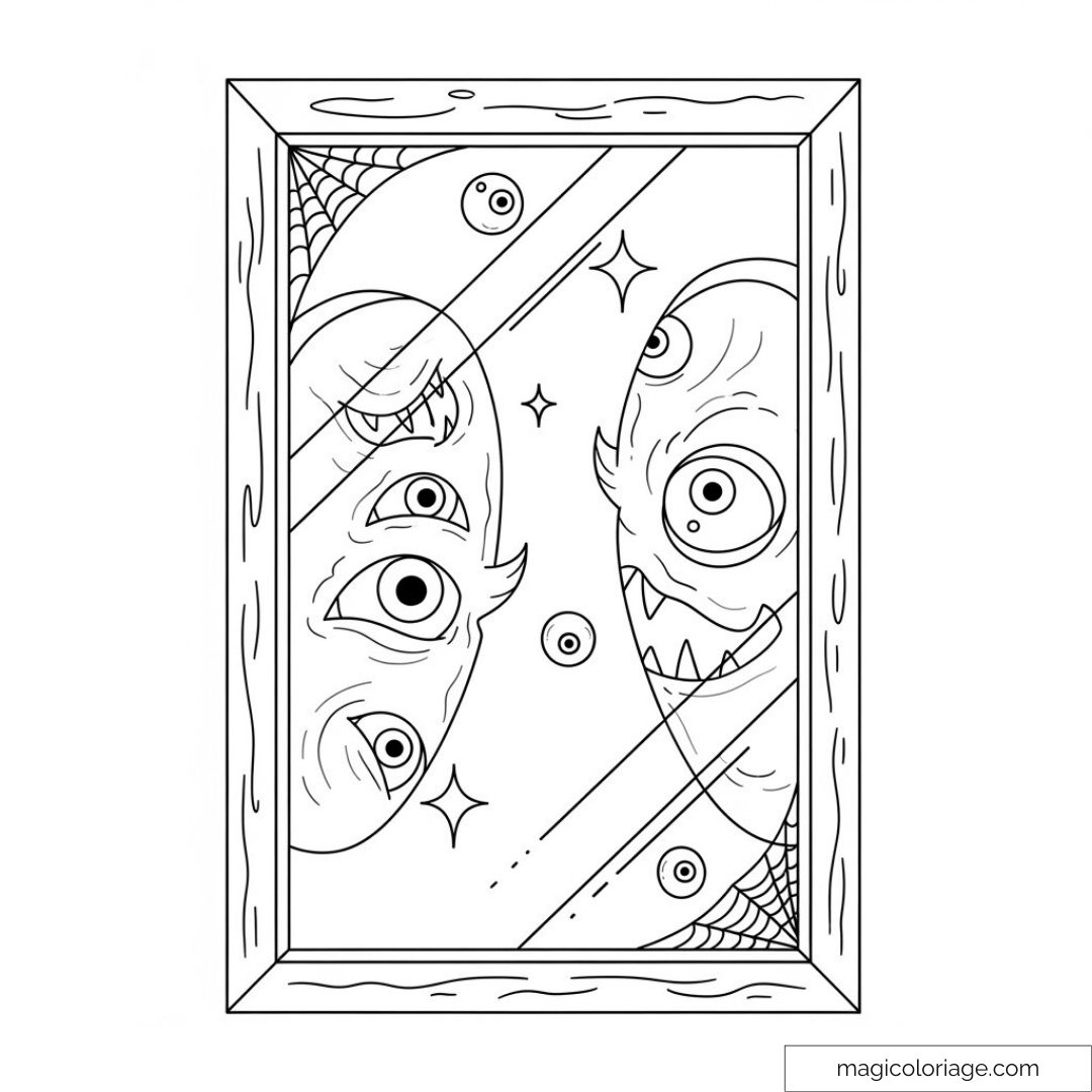 Illustration de monstres rigolos dans un miroir à colorier.