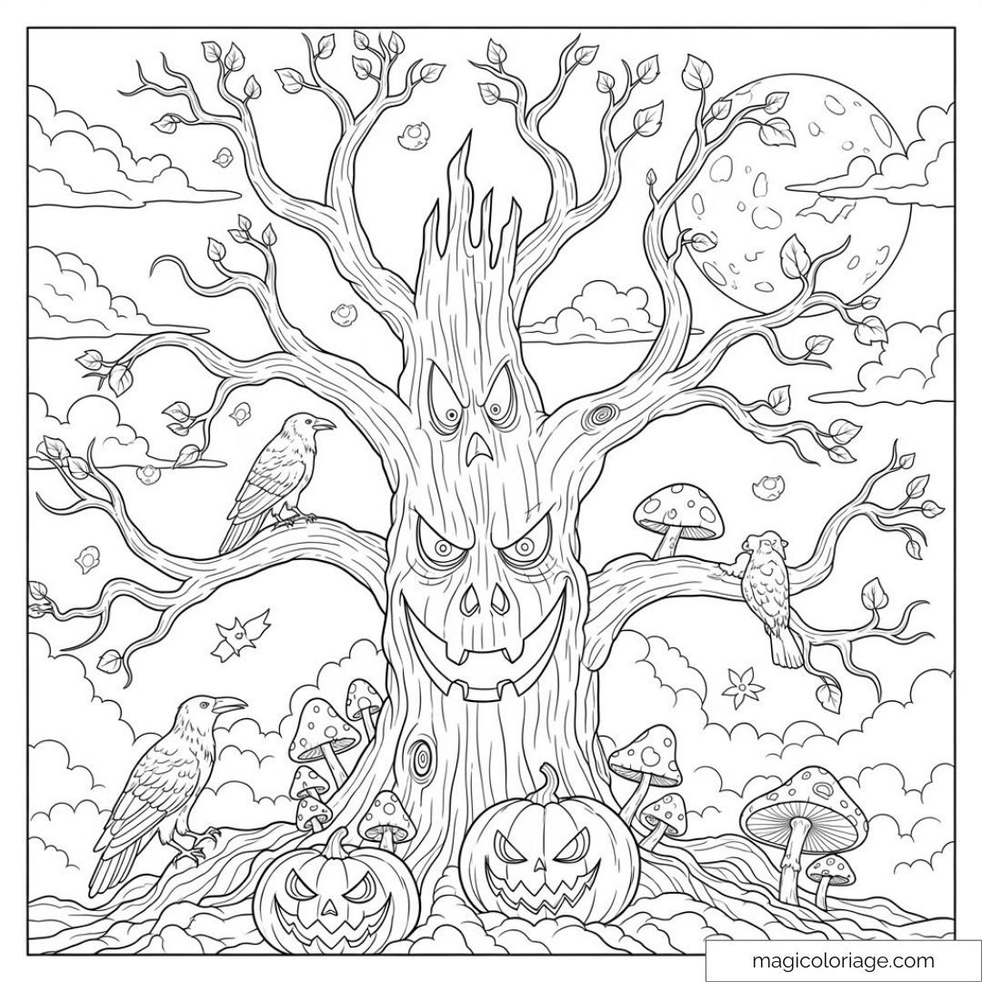 Arbre hanté et citrouilles d'Halloween