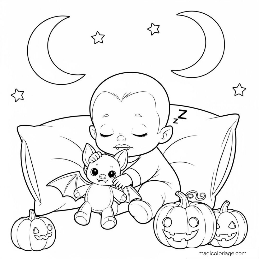 Bébé vampire endormi tenant une peluche chauve-souris