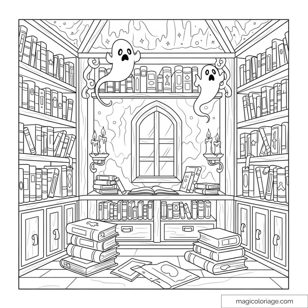 Dessin d’une bibliothèque au style gothique avec livres et fantômes flottants
