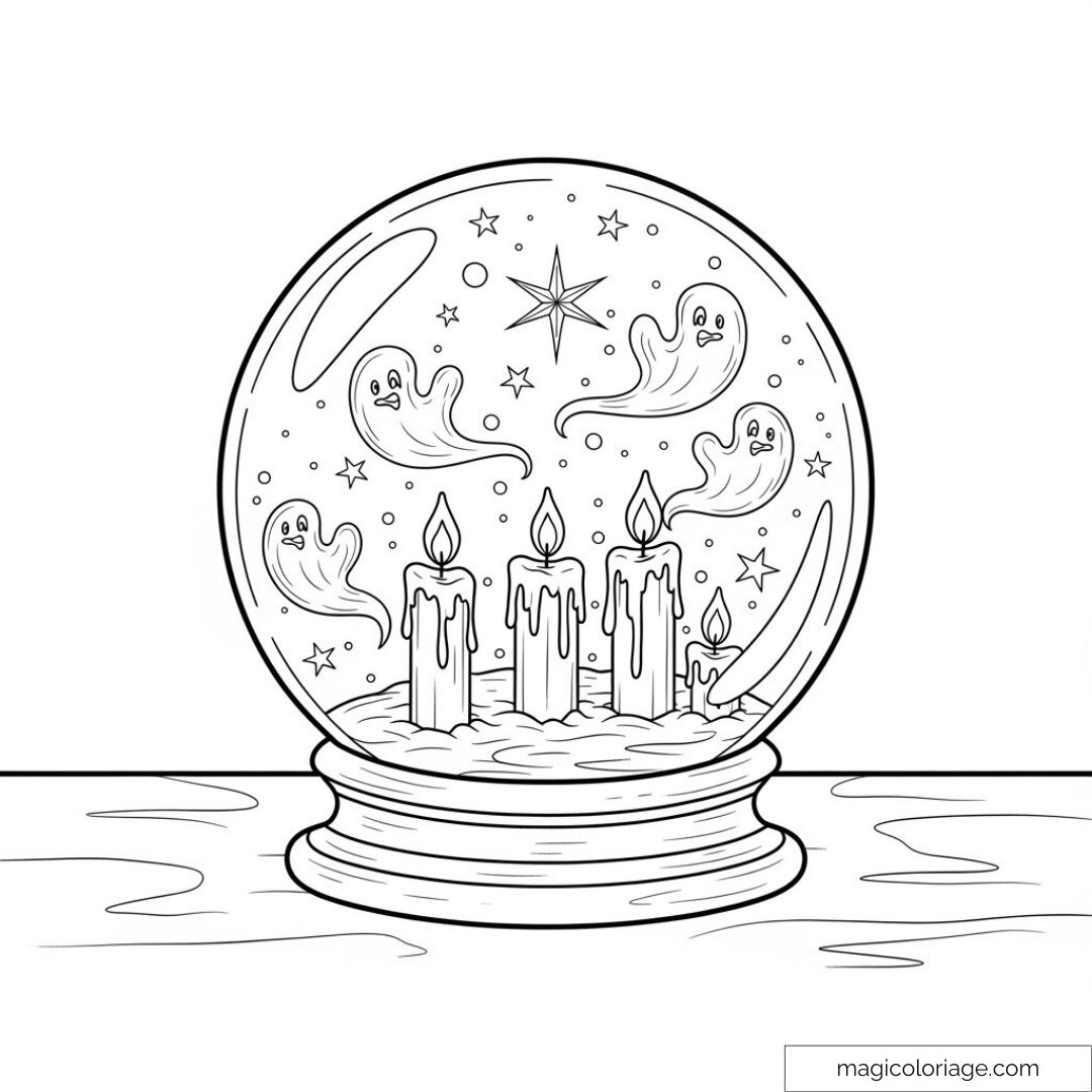 Illustration d'une boule à neige avec fantômes et bougies à colorier.