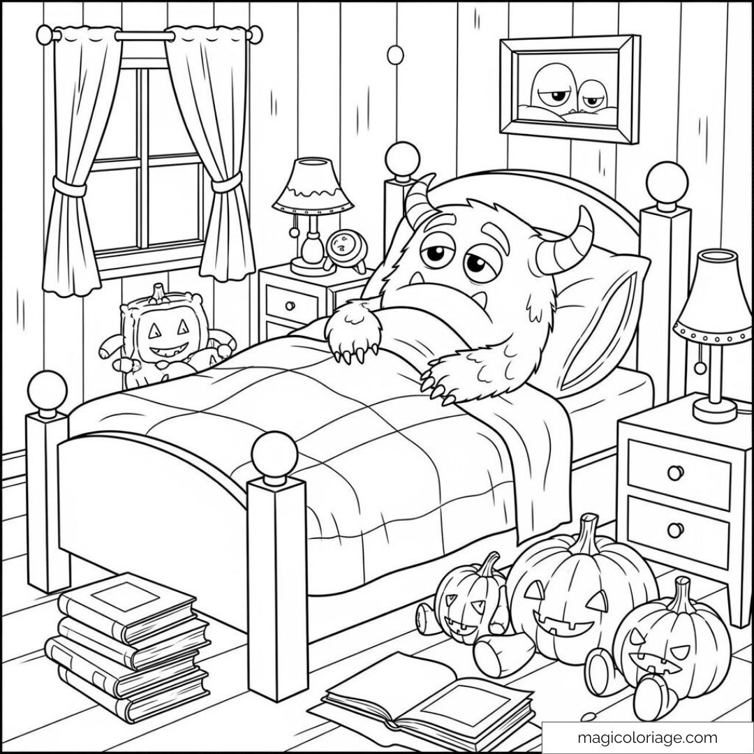 Monstre mignon dans un lit entouré de citrouilles et de livres.