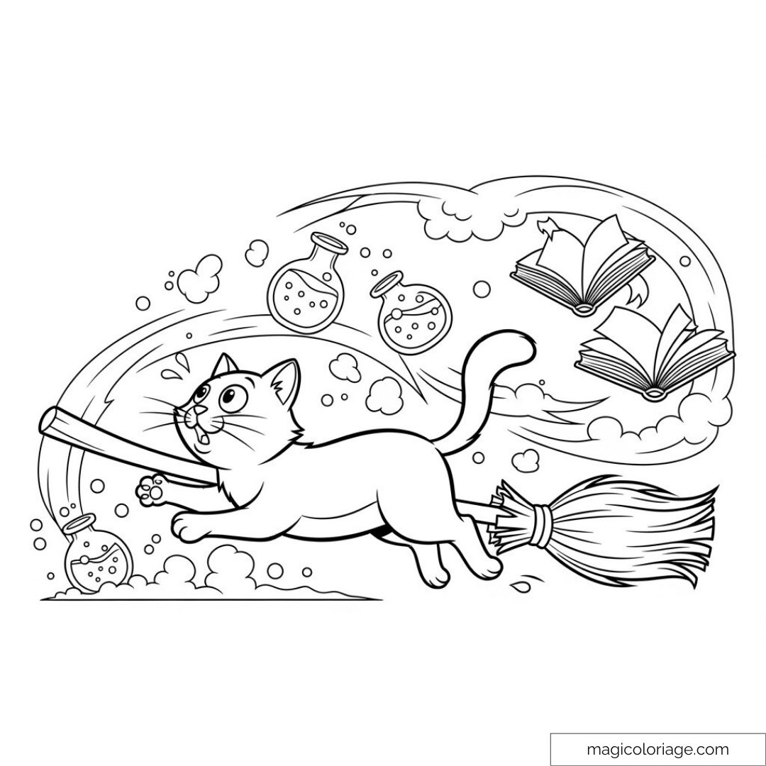 Chat volant sur balai avec livres et potions à colorier