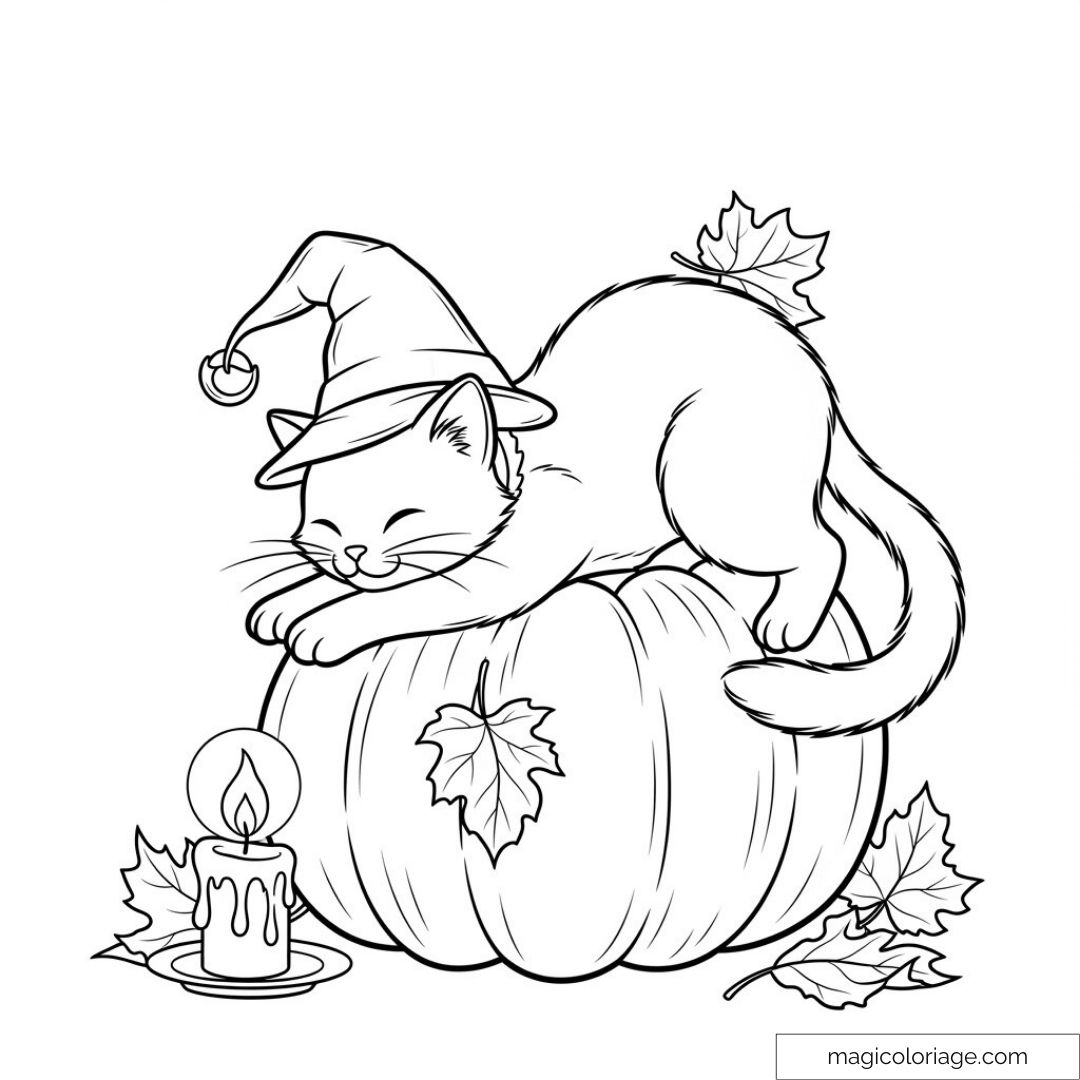 Chat mignon avec chapeau sur une citrouille et feuilles.