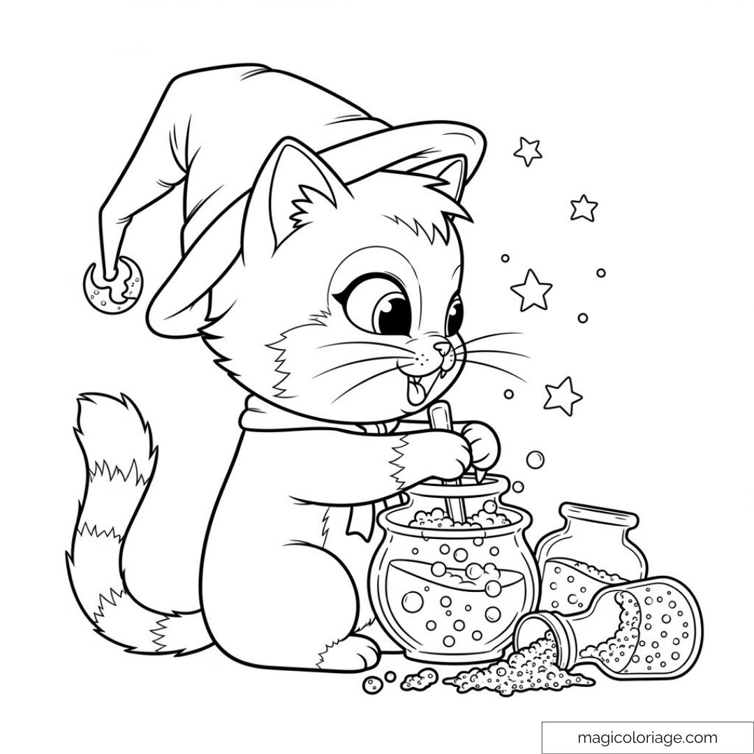Chat sorcier adorable avec chapeau pointu et potion magique.