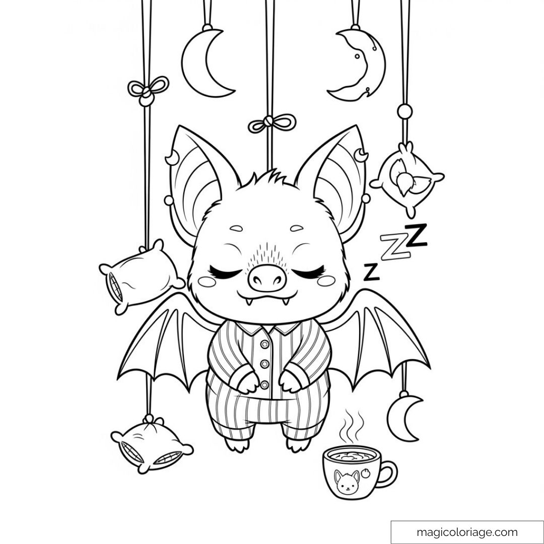 Chauve-souris mignonne endormie entourée de lunes