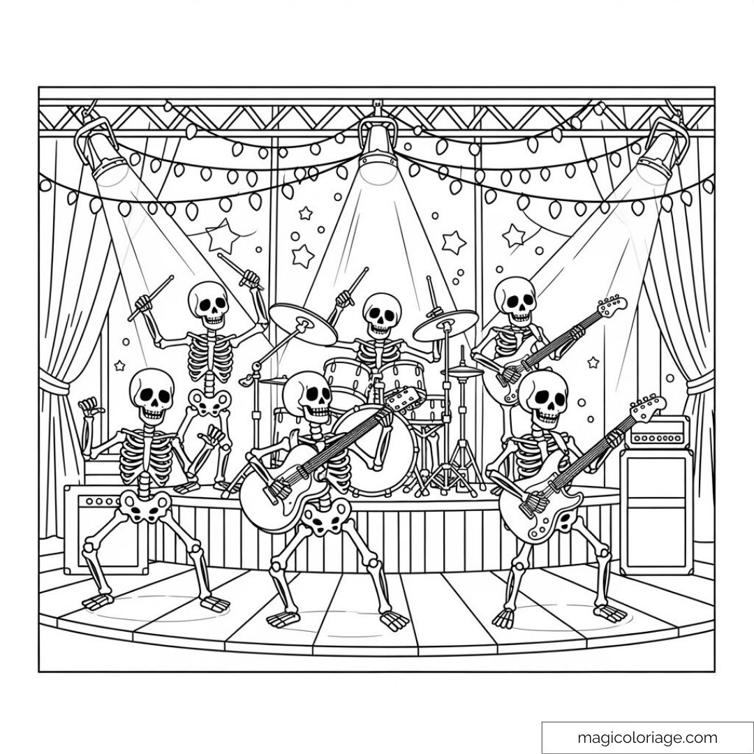 Squelettes musiciens jouant sur scène avec guitares et batterie.