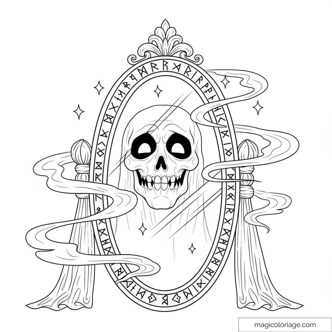 Miroir avec crâne squelettique et enchantements mystérieux