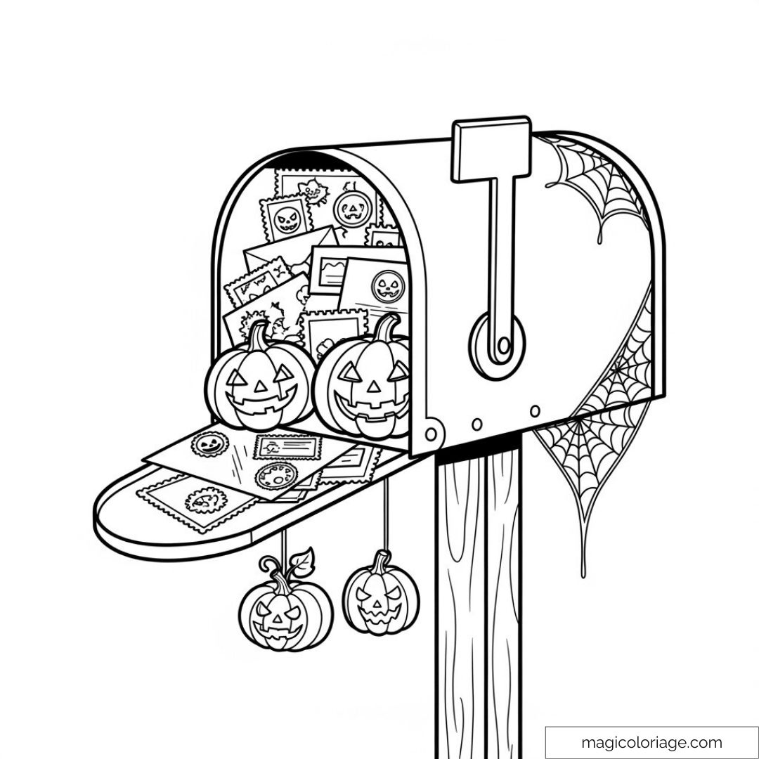 Boîte aux lettres avec citrouilles d'Halloween et toiles d'araignée