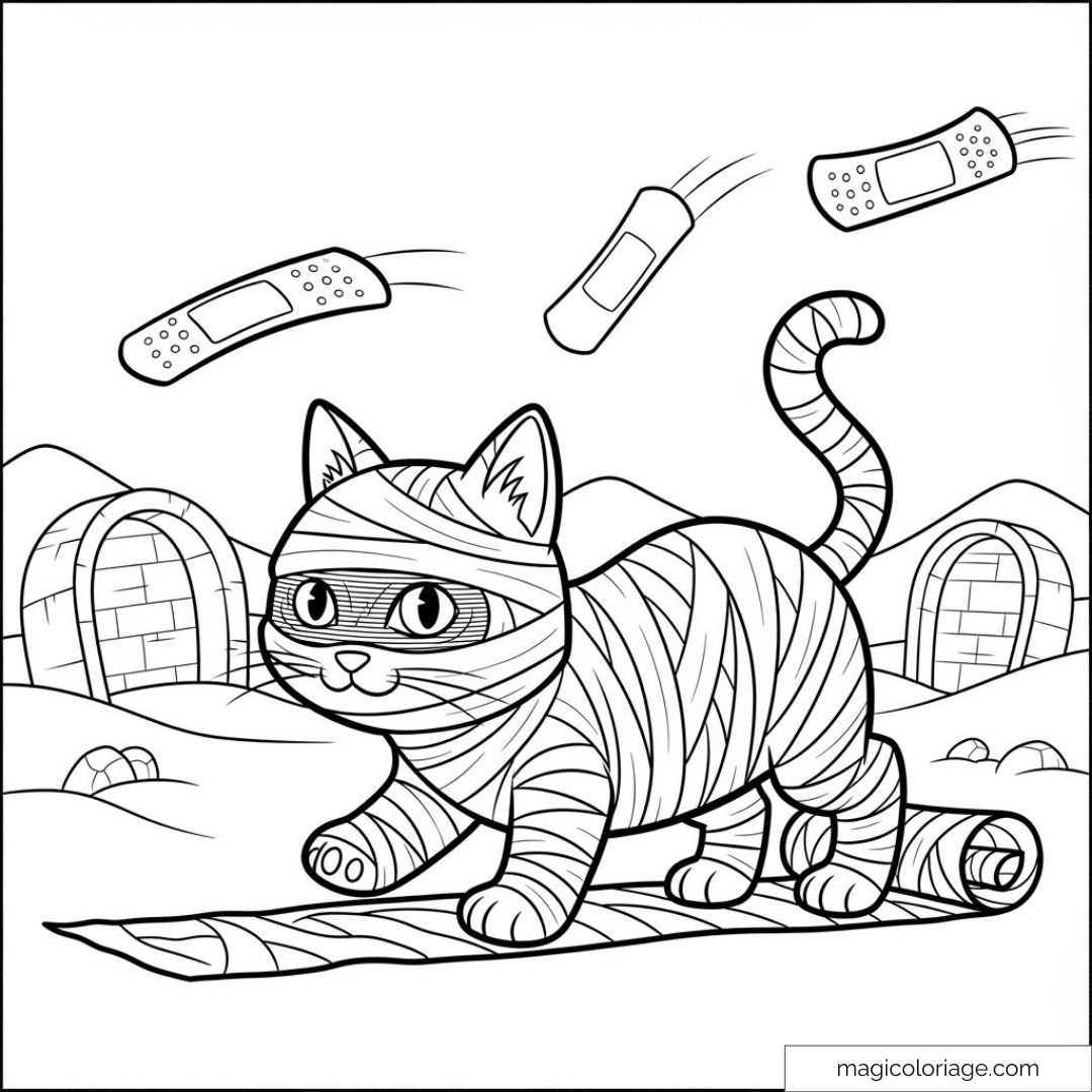 Dessin de chat momie avec bandages et paysage désertique en arrière-plan.
