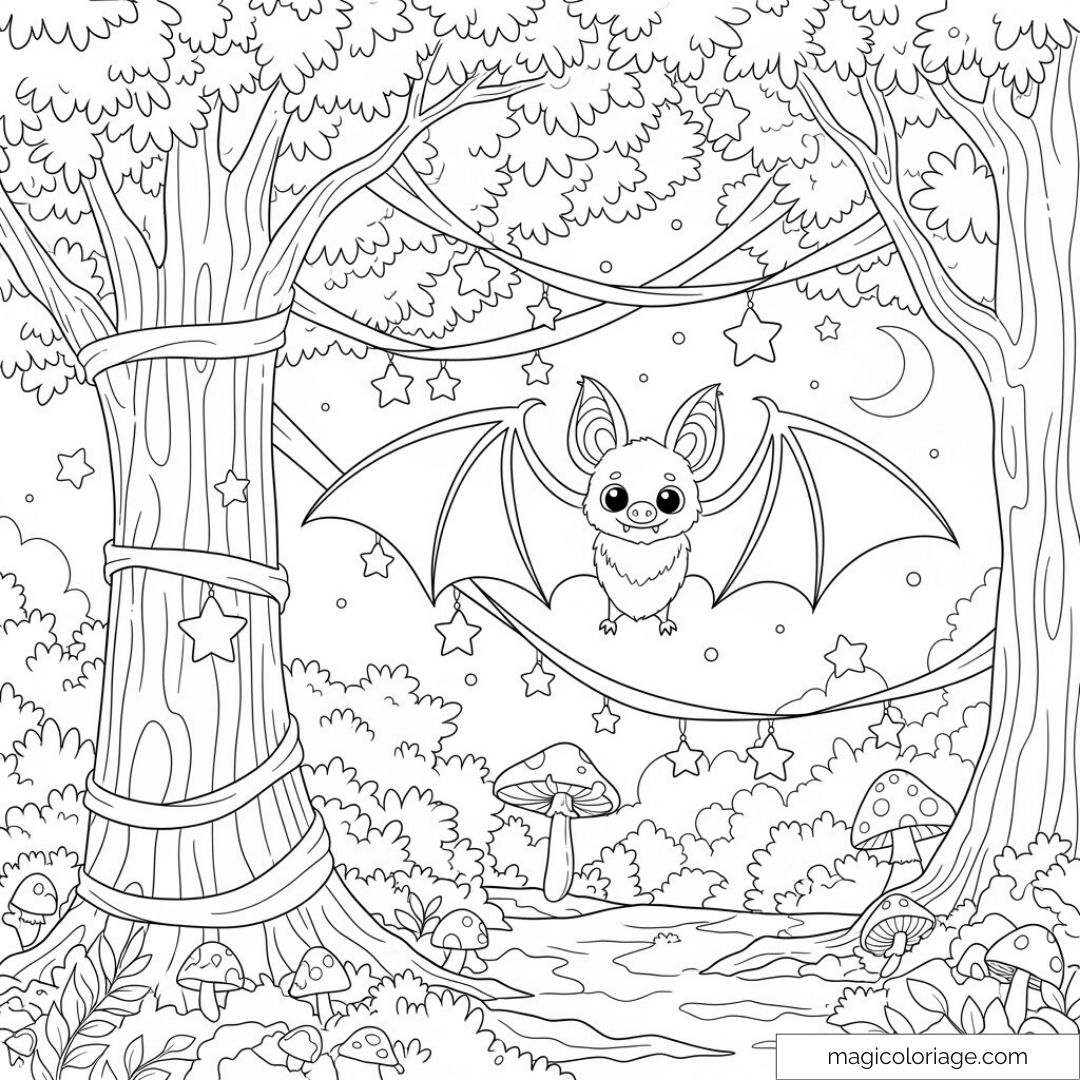 Chauve-souris mignonne dans une forêt féerique avec étoiles et champignons.