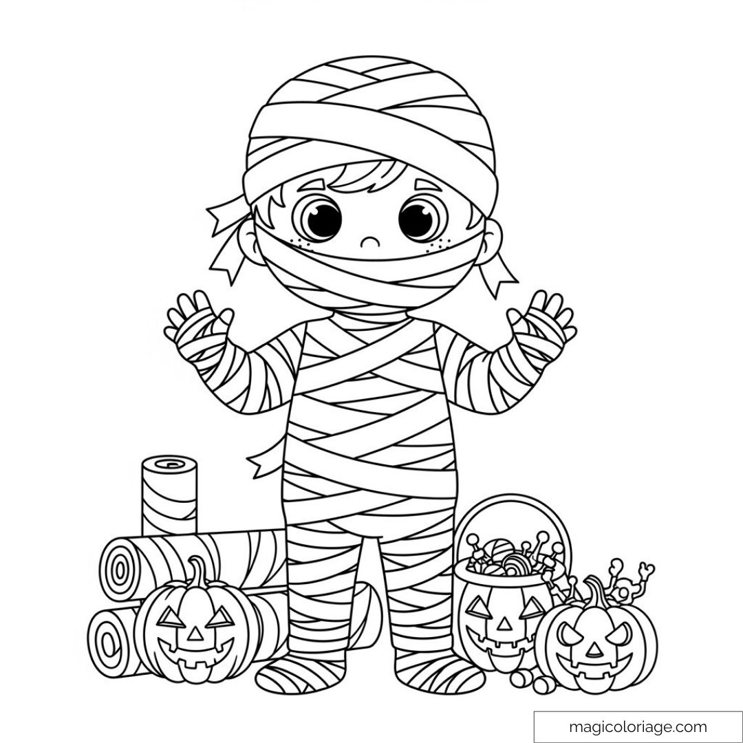 Enfant déguisé en momie avec citrouilles d'Halloween