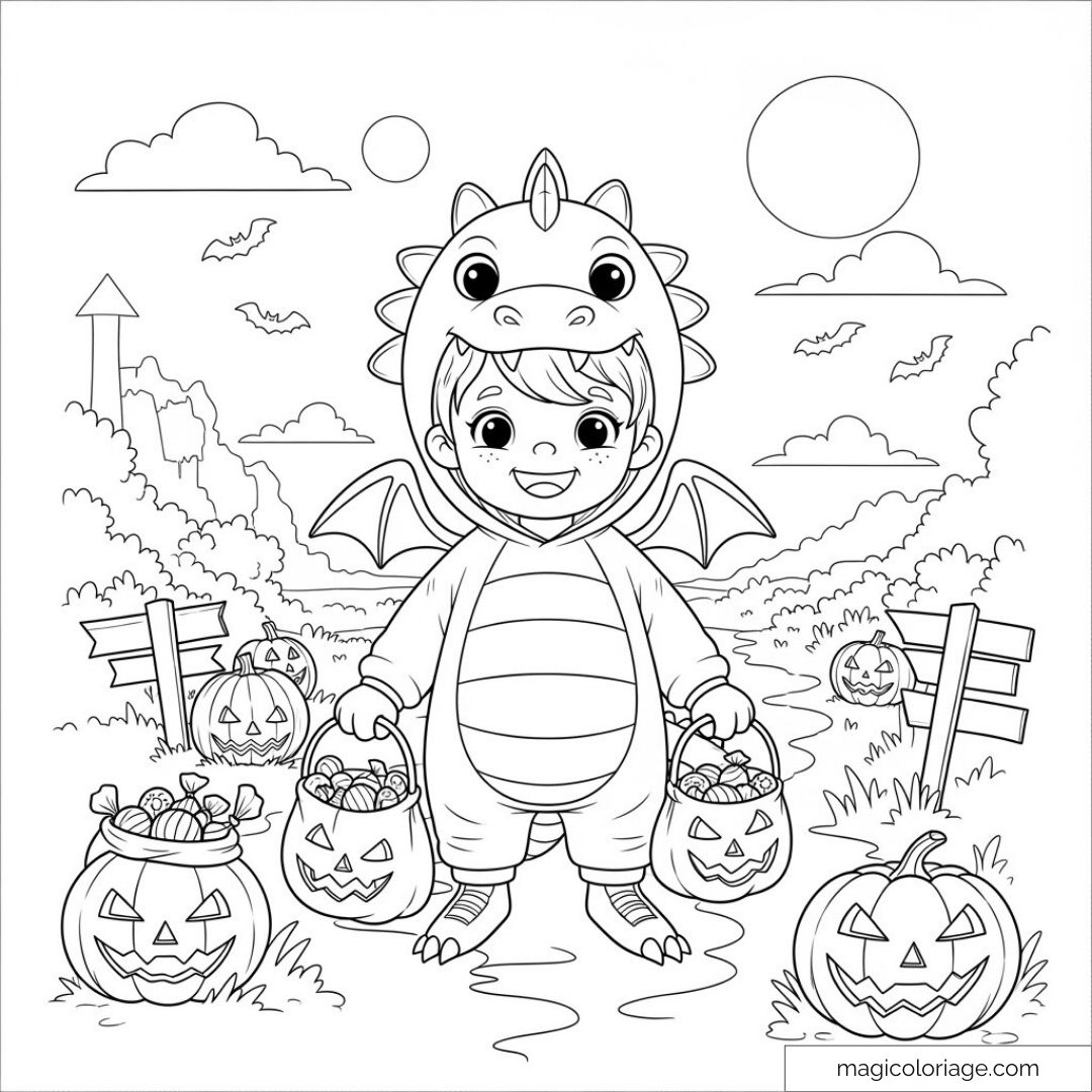 Enfant déguisé en dragon avec citrouilles