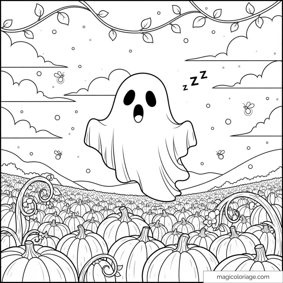 Fantôme endormi flottant au-dessus d'un champ de citrouilles.