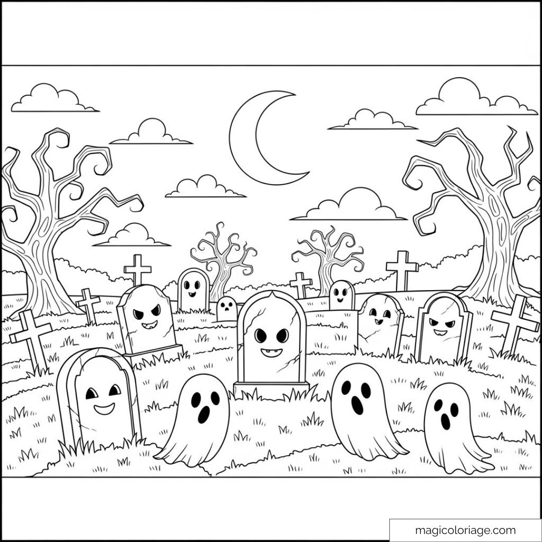 Coloriage de fantômes souriants dans un cimetière effrayant avec lune et arbres.
