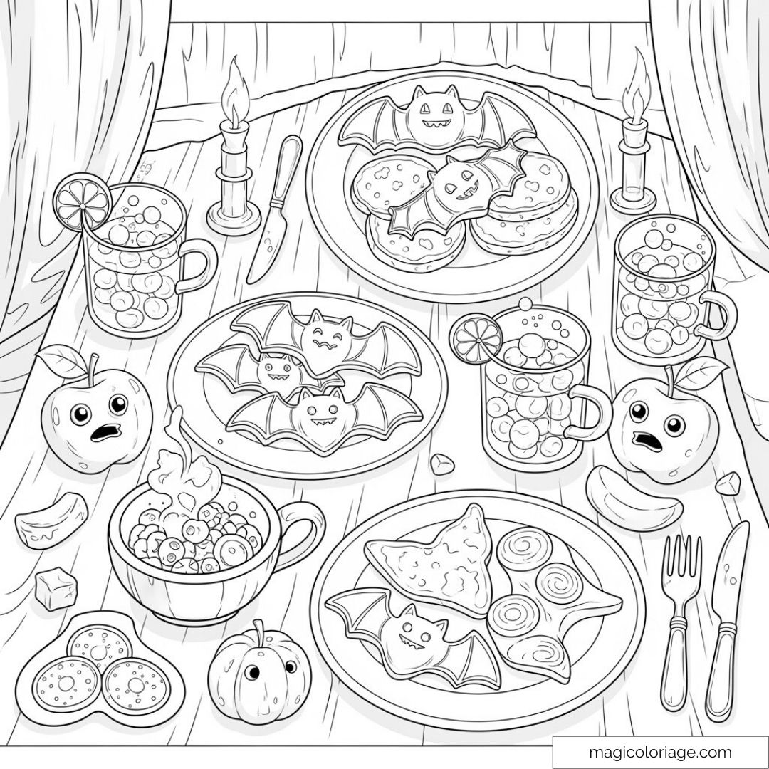 Dessin à colorier de friandises d'Halloween avec chauves-souris et citrouilles.