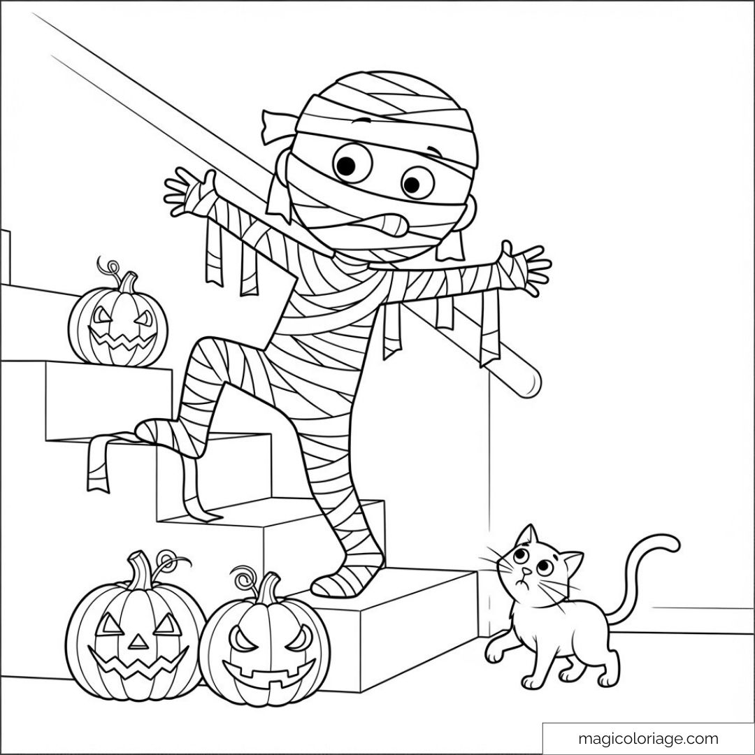 Momie et citrouilles sur escalier avec chat effrayé