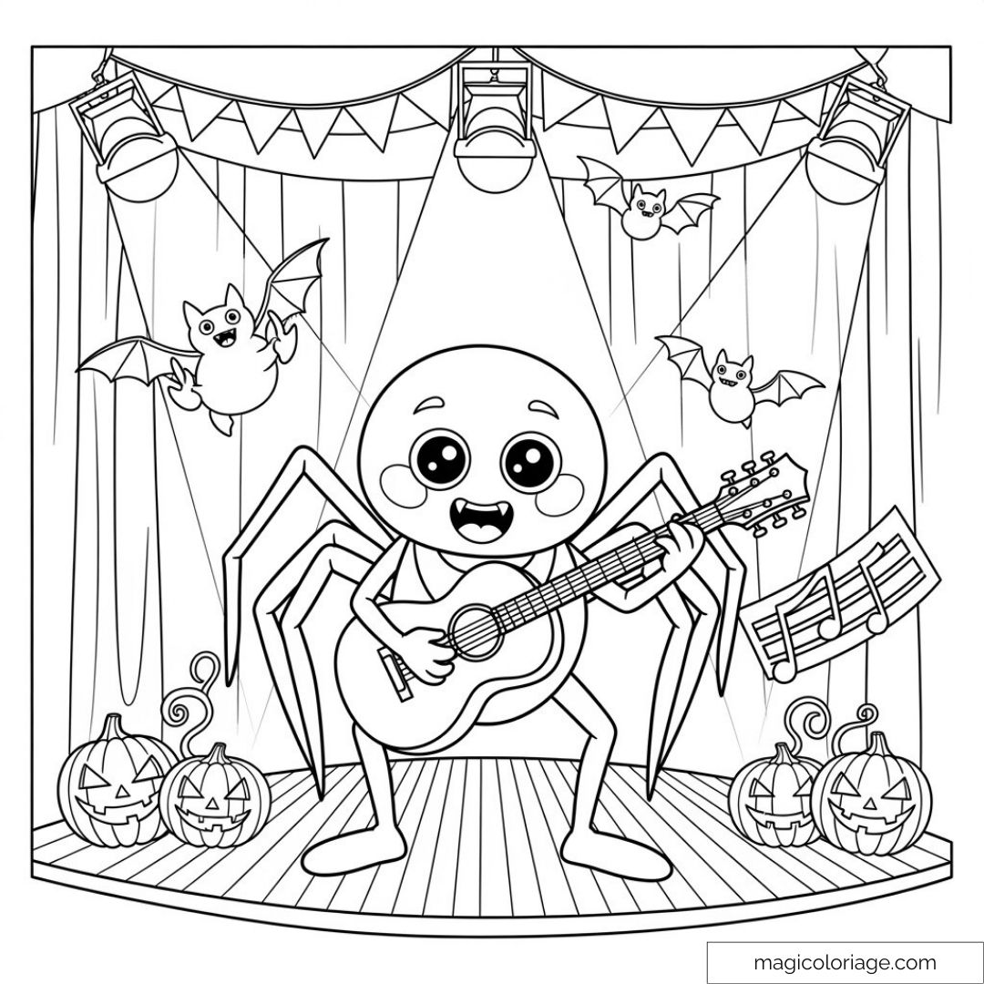 Araignée jouant de la guitare sur scène avec citrouilles.
