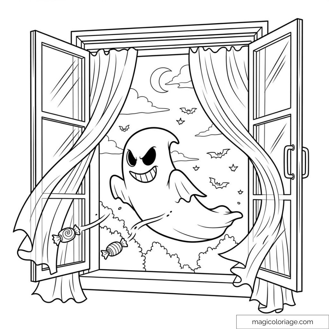Dessin de fantôme espiègle sortant par une fenêtre