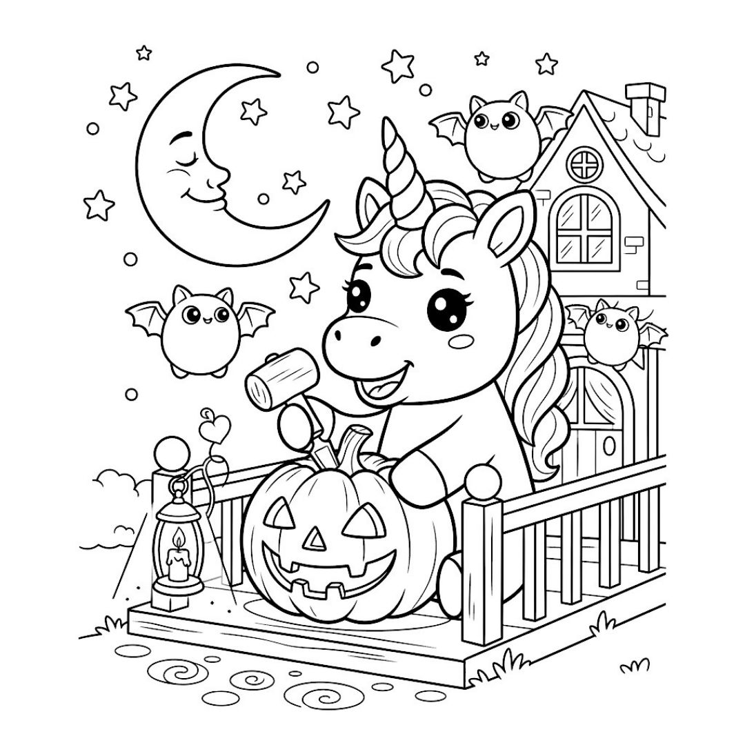 Licorne avec citrouille et chauves-souris