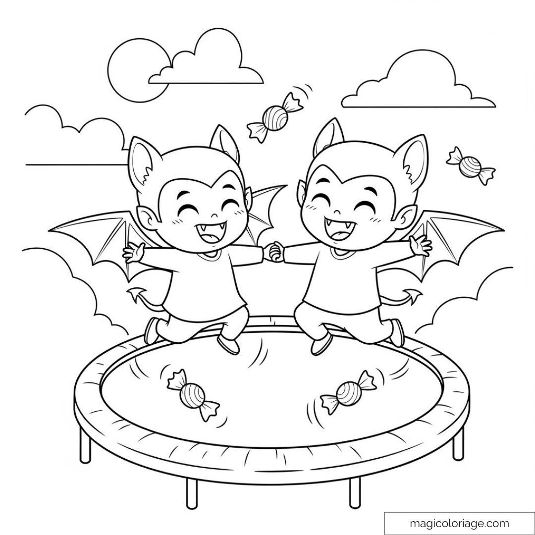 Deux petits vampires sautant sur un trampoline avec des bonbons autour.