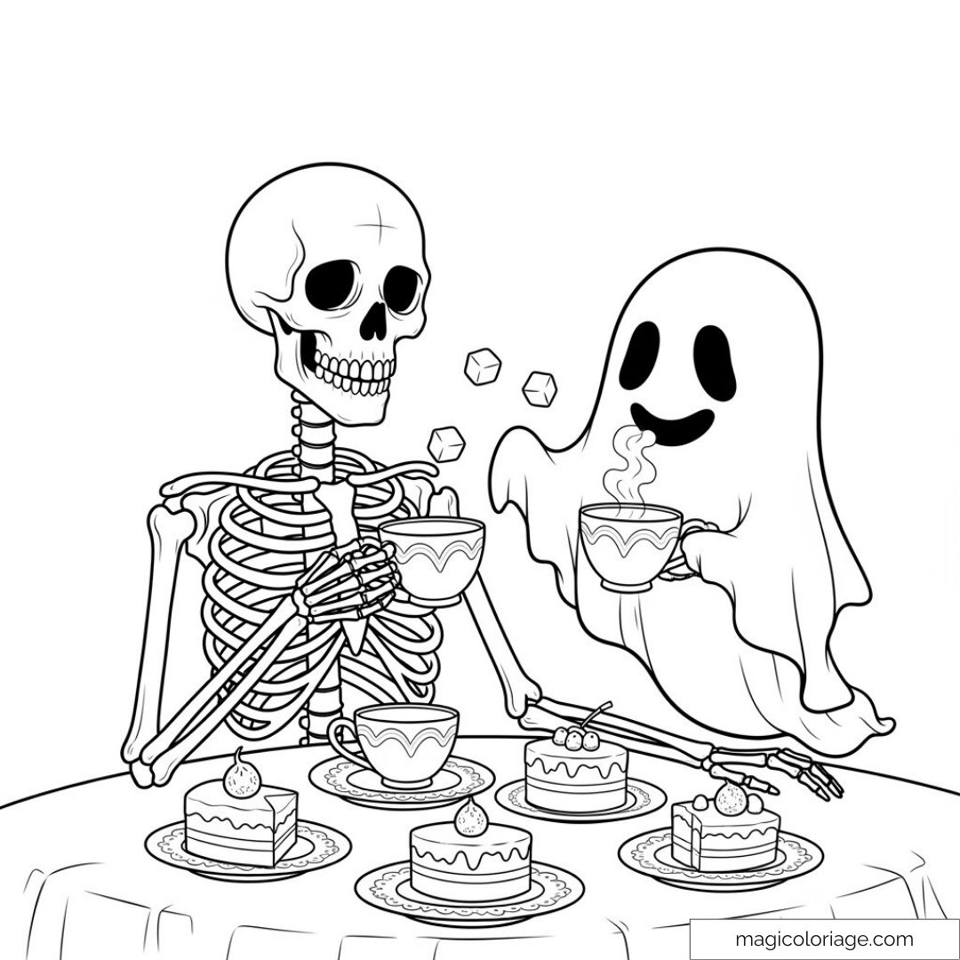 Fantôme joyeux partageant un thé avec un squelette autour de gâteaux appétissants.