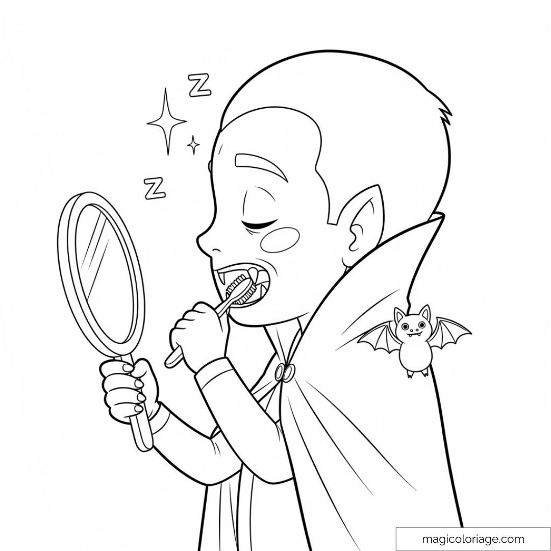 Jeune vampire et chauve-souris avec miroir et brosse à dents