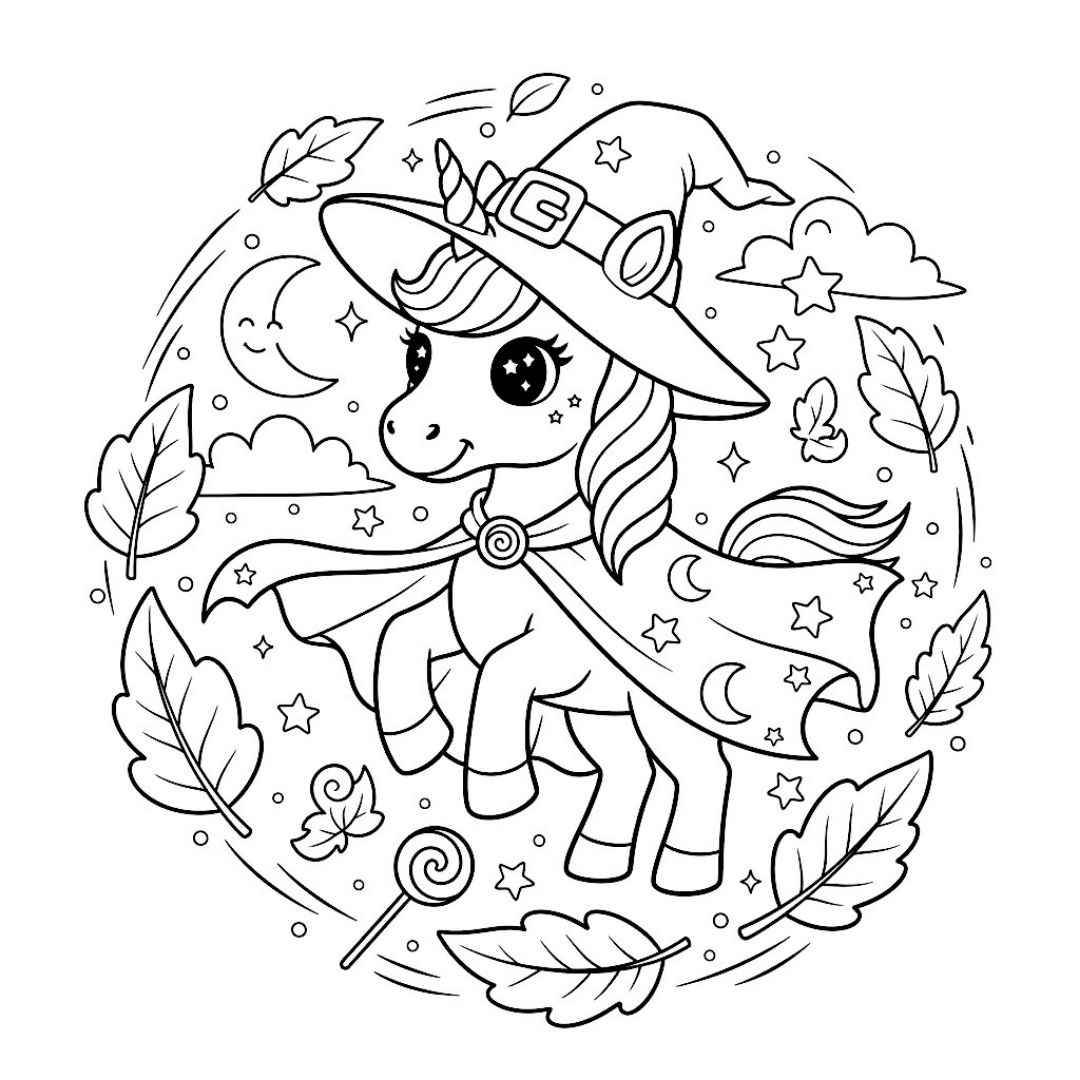 Licorne avec chapeau de sorcière entourée d'étoiles et feuilles