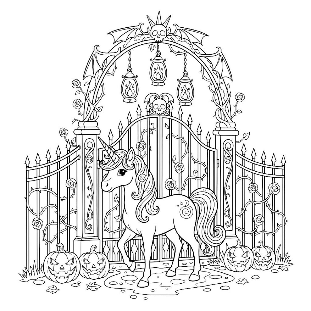 Dessin licorne devant portail gothique avec citrouilles d'Halloween