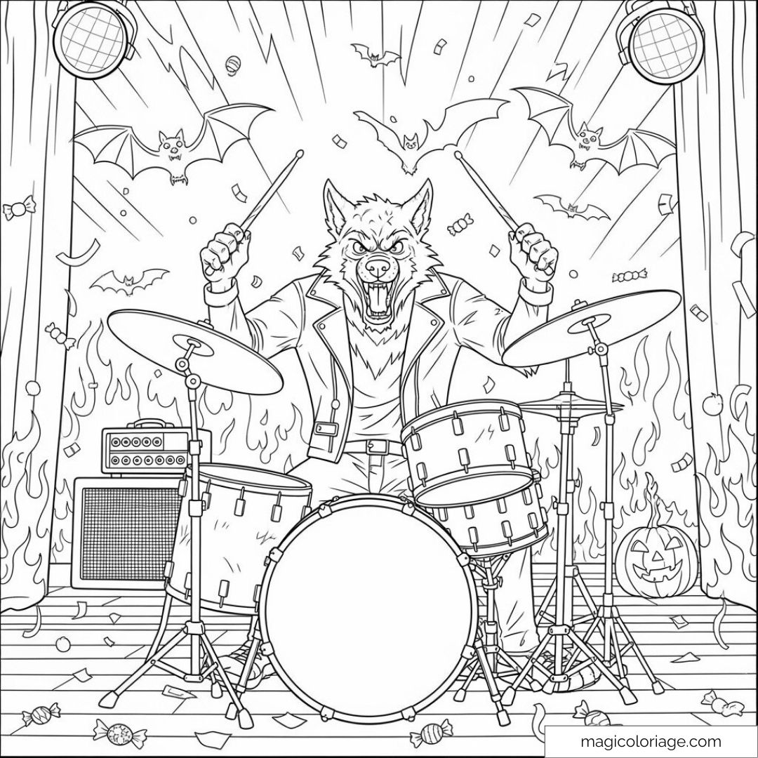 Dessin de loup rockeur dans un concert endiablé avec des chauves-souris volantes et des bonbons.