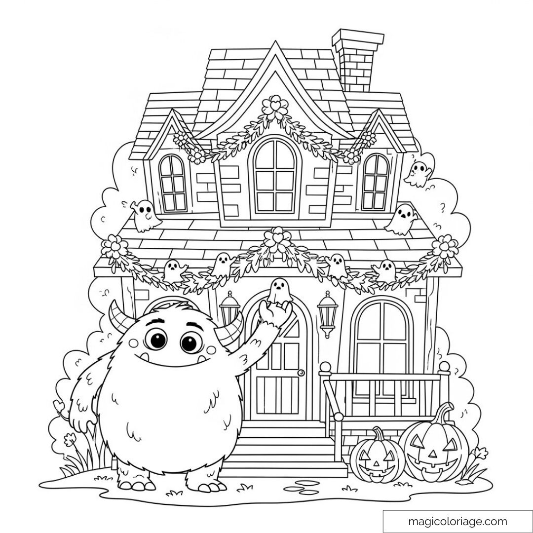 Dessin de maison hantée avec monstre amical et citrouilles à colorier.