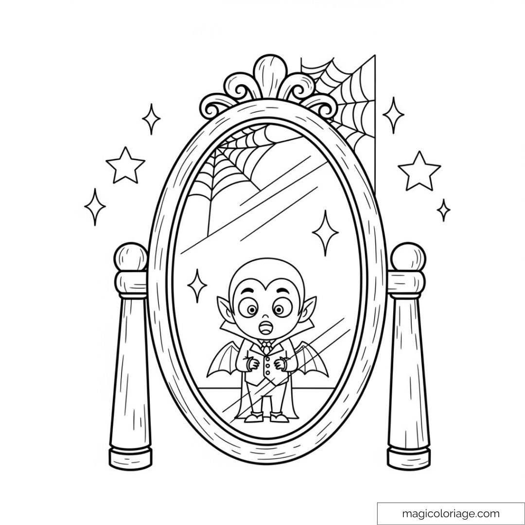 Vampire mignon se reflétant dans un miroir entouré d'étoiles