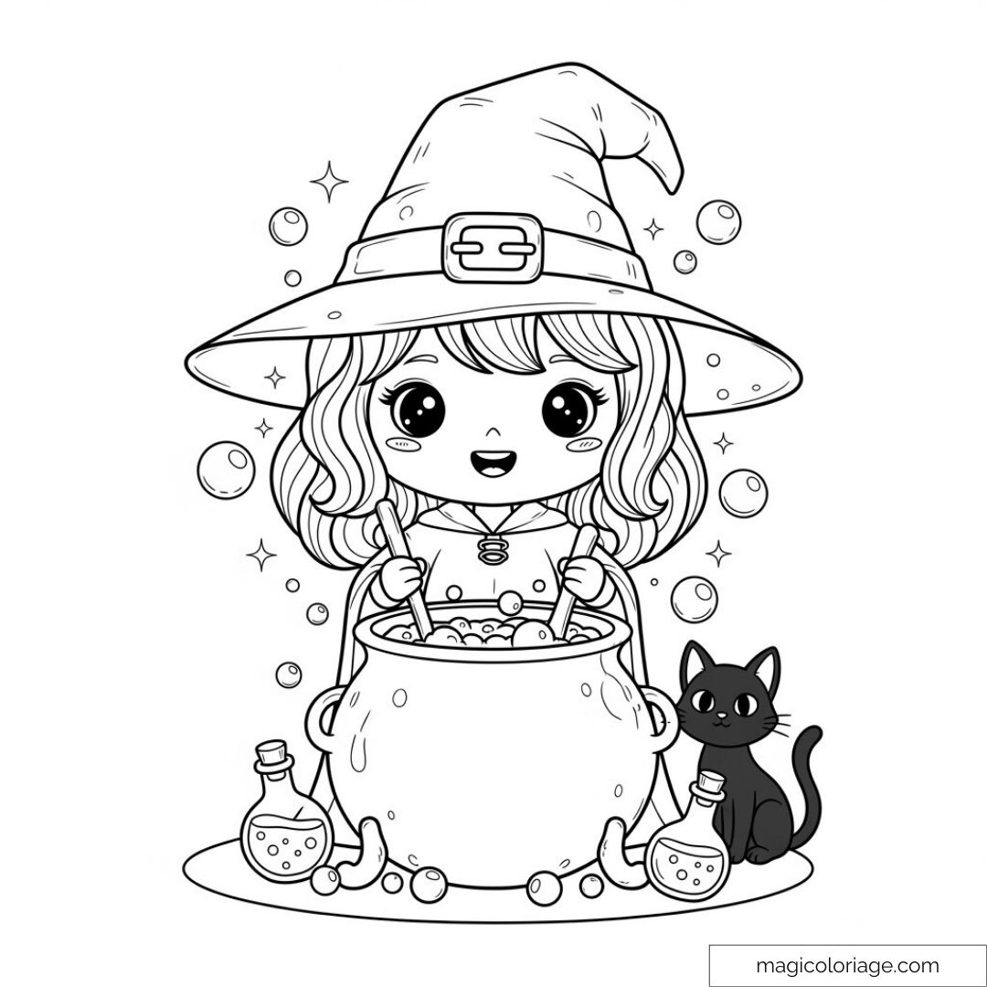 Coloriage d'une petite sorcière avec un chat et chaudron magique