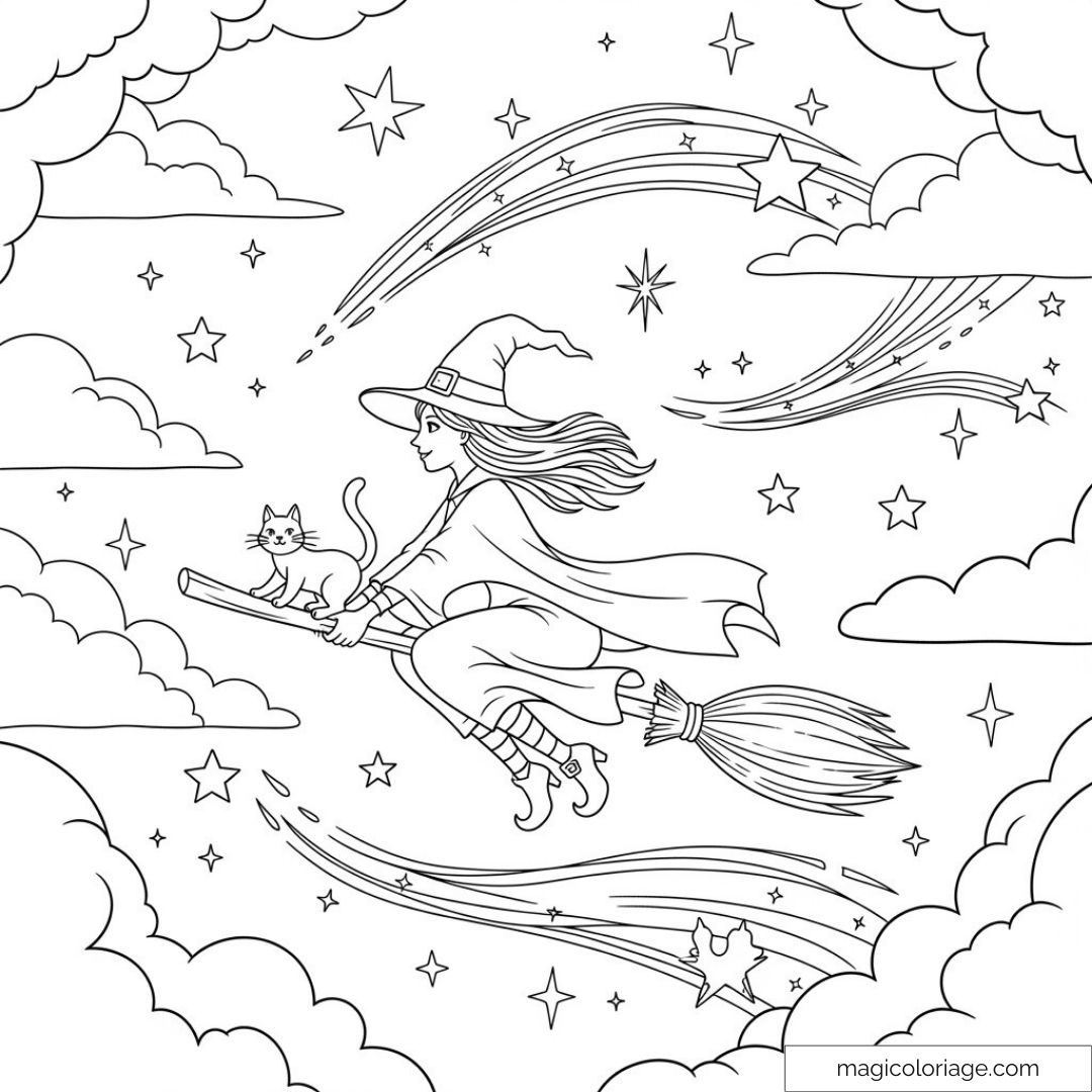 Sorcière et chat volant sur un balai à travers ciel étoilé