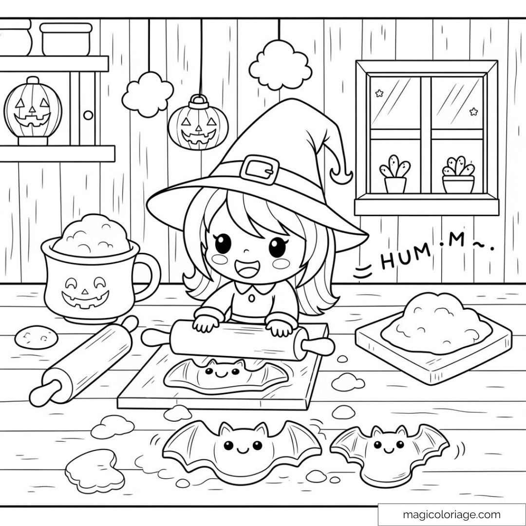 Sorcière mignonne préparant des biscuits Halloween dans une cuisine décorée.