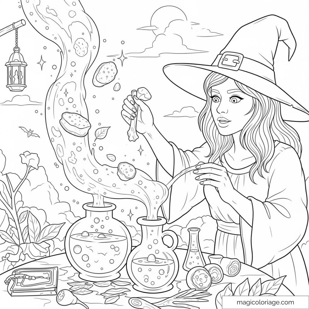Sorcière mélangeant des ingrédients dans une potion magique