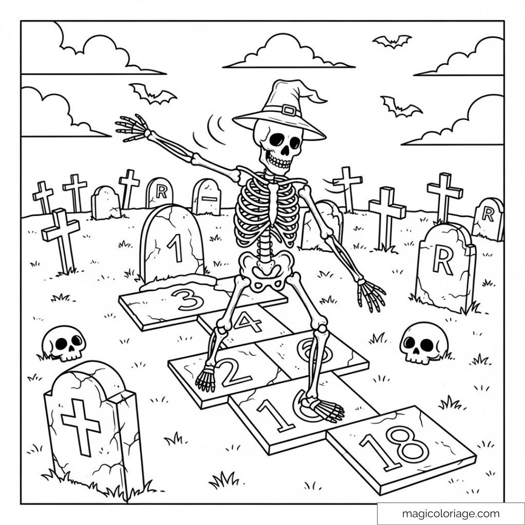Squelette jouant à la marelle dans un cimetière avec croix
