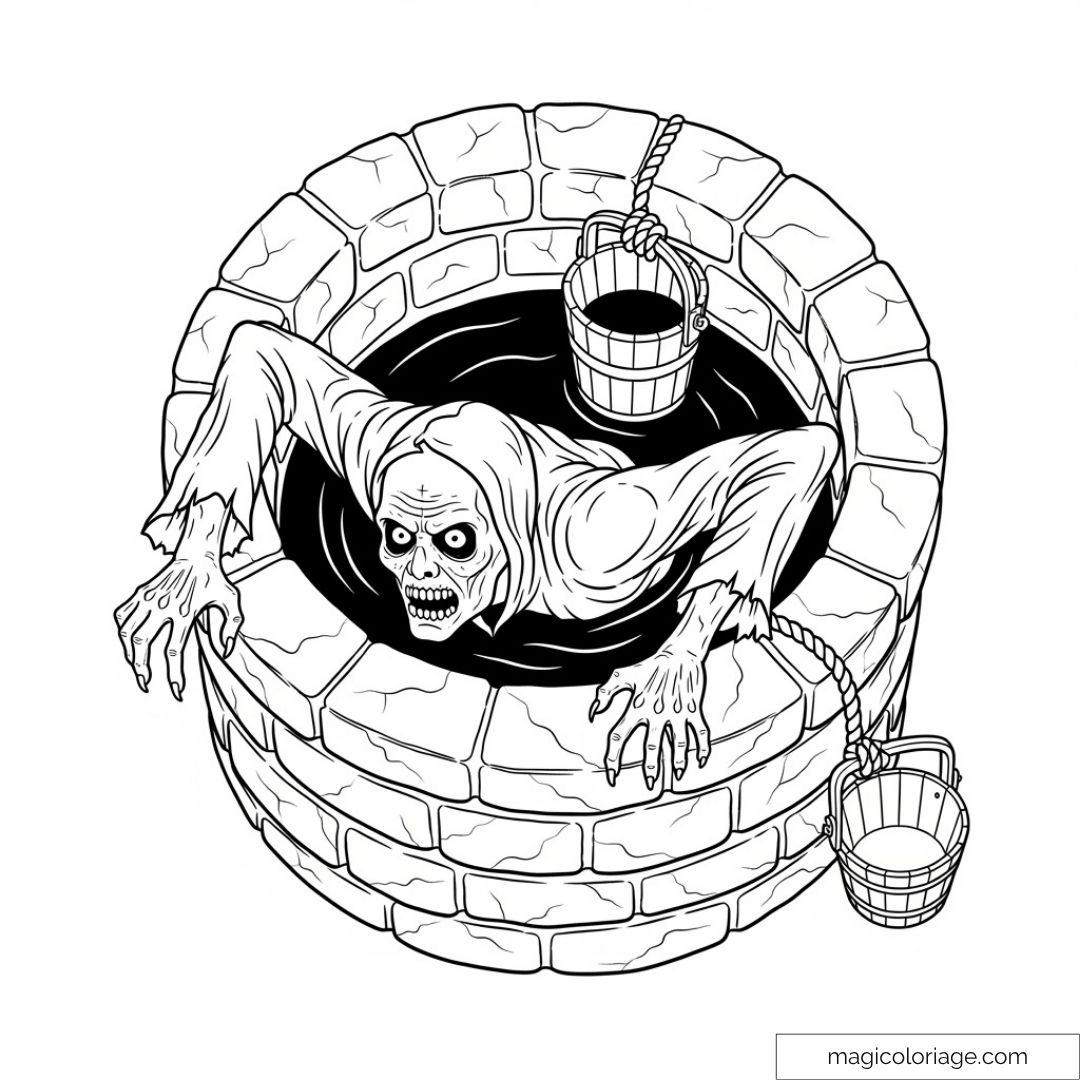 Dessin d'une créature squelettique sortant d'un puits avec des seaux