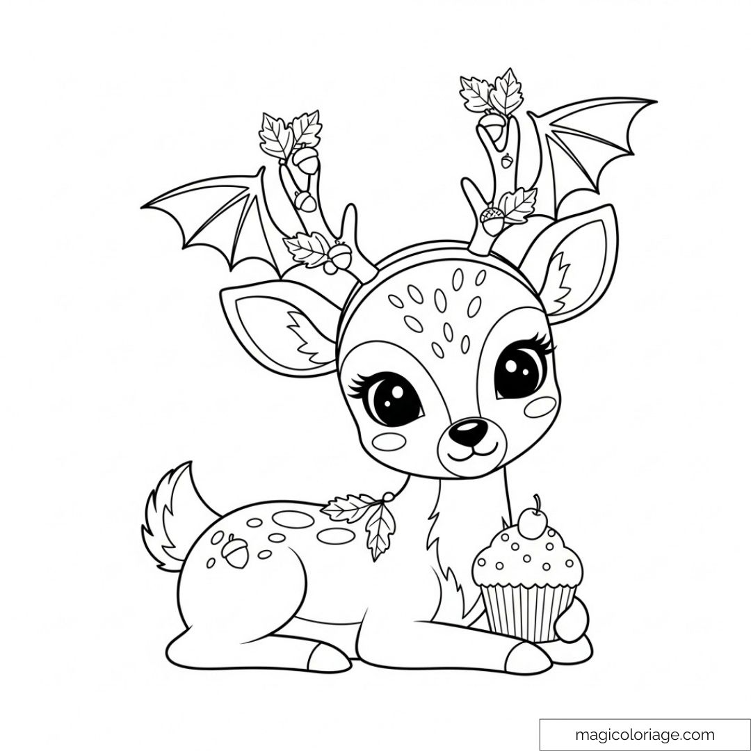 Faon mignon avec décoration bois et cupcake à colorier.