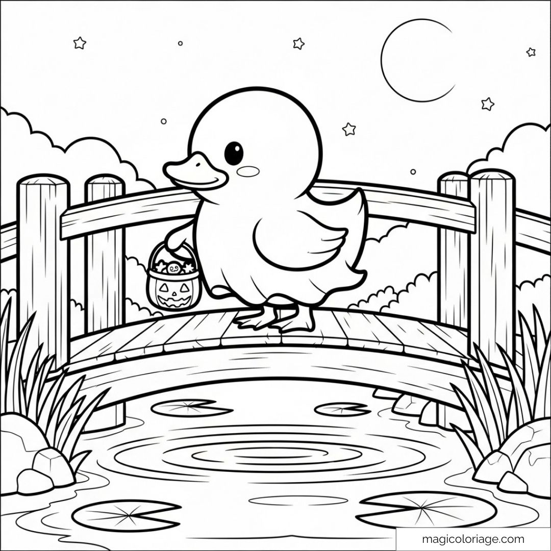 Canard tenant une lanterne sur un pont sous le ciel étoilé.
