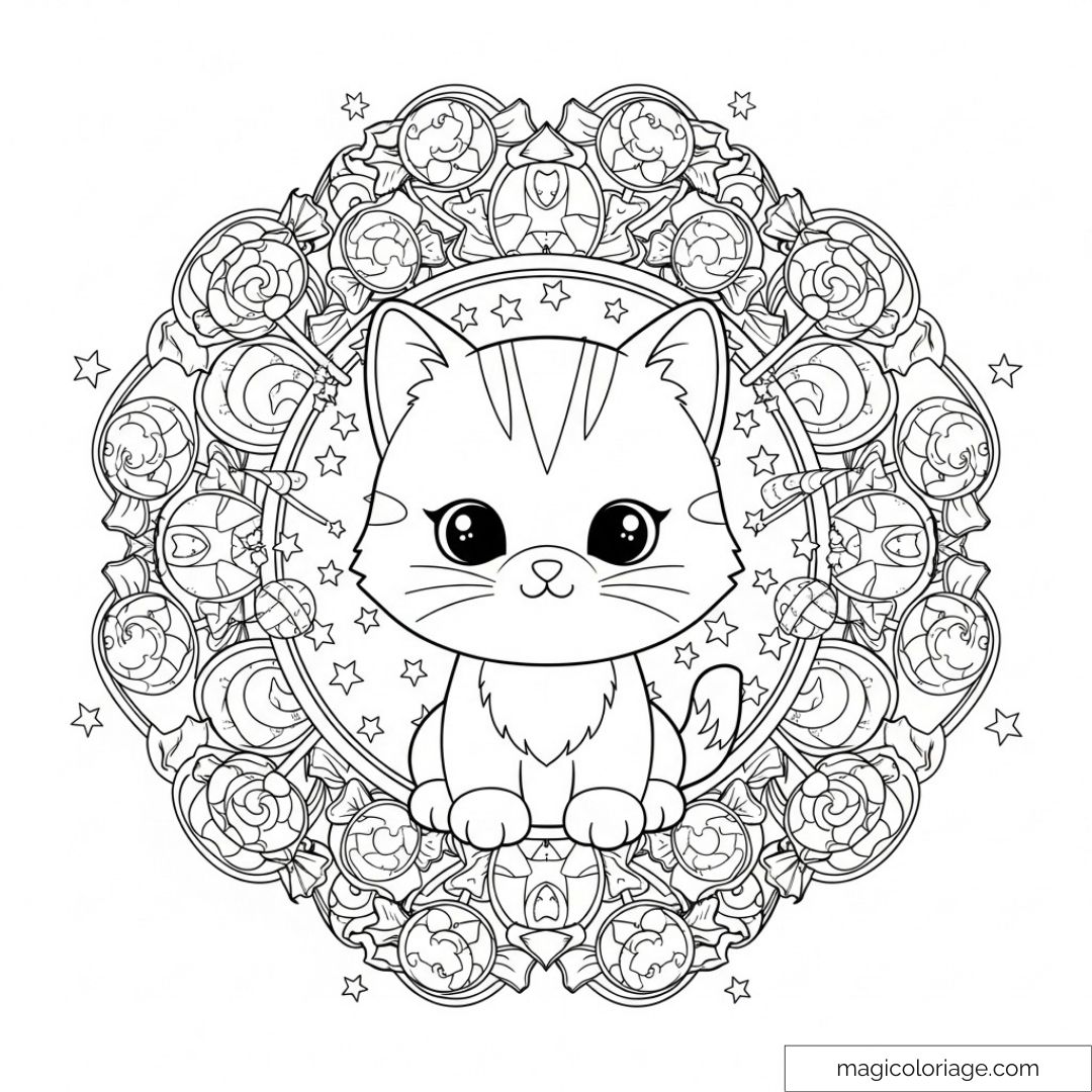 Coloriage chat mignon entouré de bonbons et motifs mandalas.