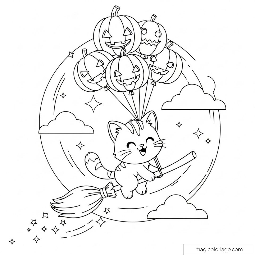 Chat volant avec des ballons citrouilles sur balai et étoiles.
