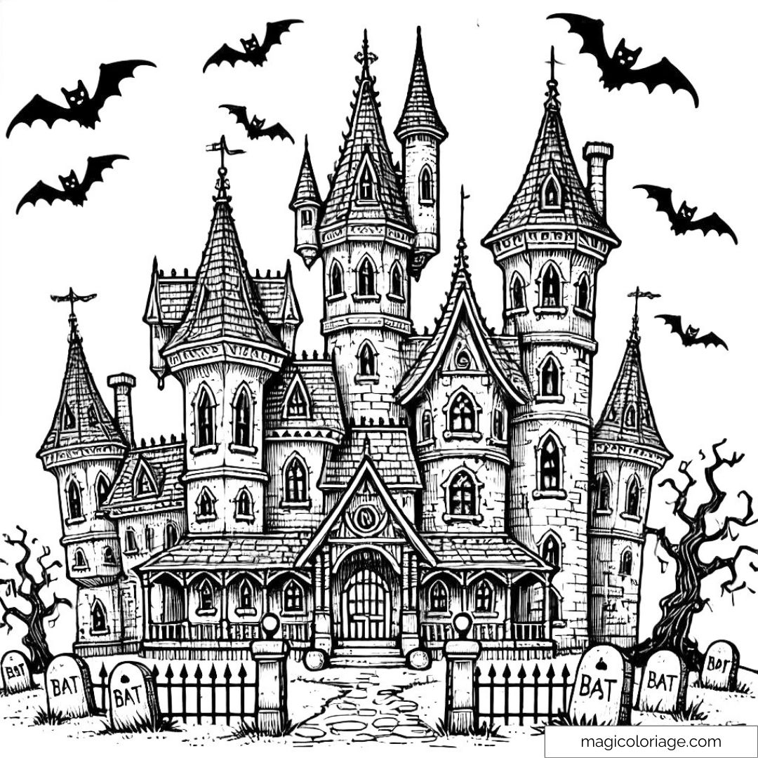 Dessin de château hanté à colorier pour Halloween, avec des tours tordues.