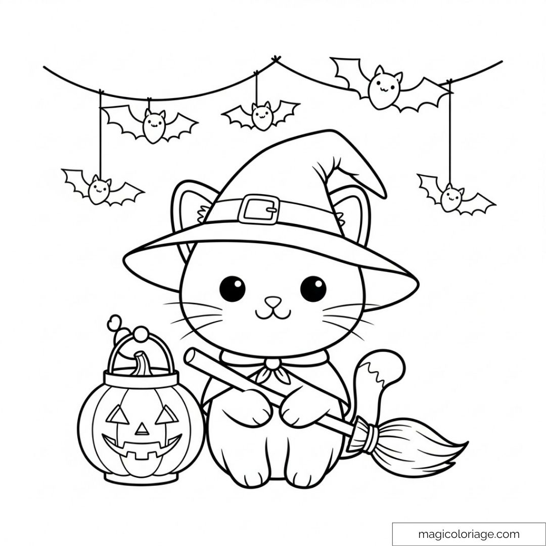 Dessin de chaton mignon en tenue de sorcier avec citrouille et chauves-souris.