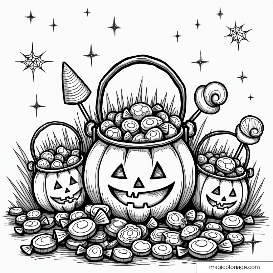 Dessin à colorier de citrouilles creusées remplies de bonbons avec des sucettes et des sucreries, idéal pour un coloriage festif d’Halloween.