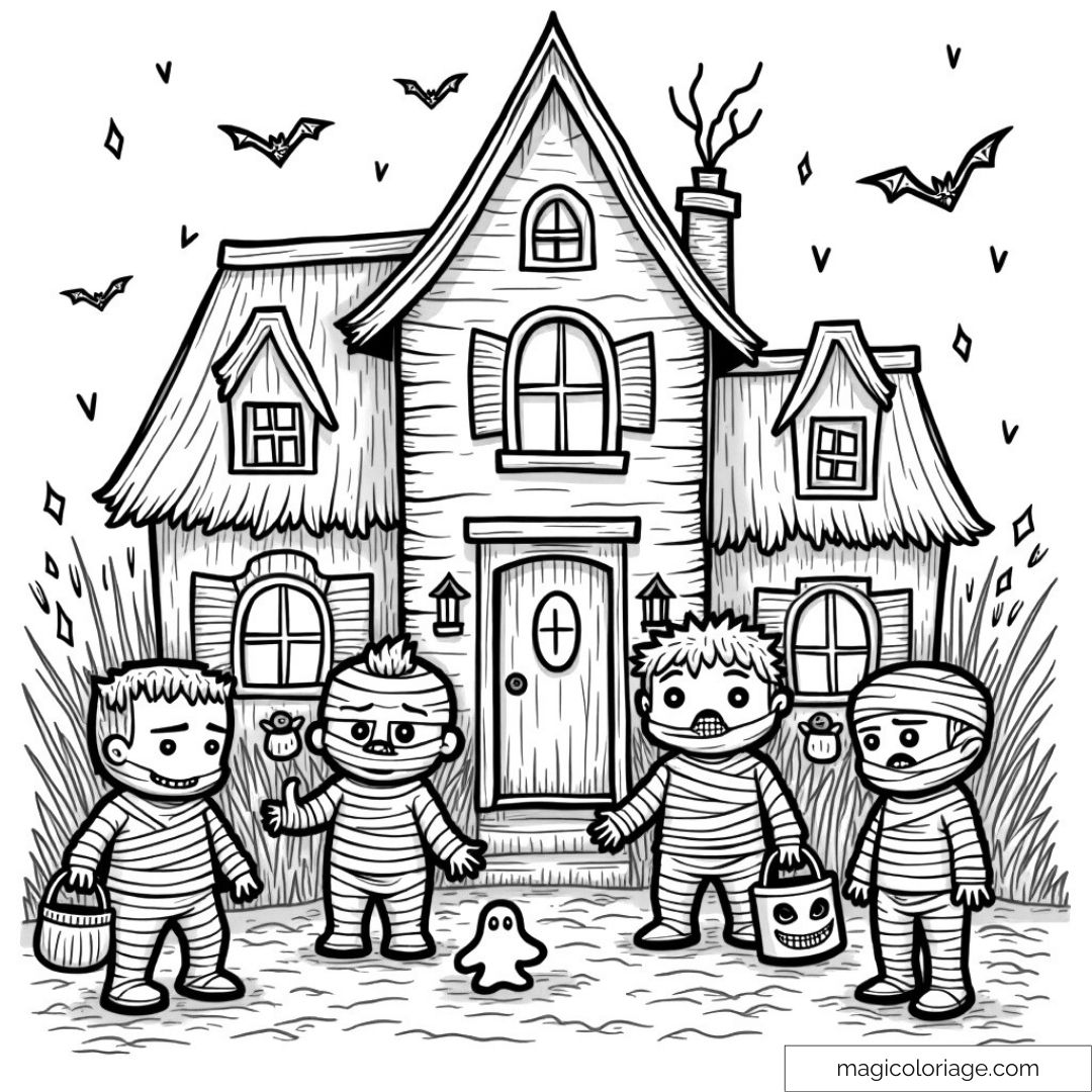 Dessin à colorier d'enfants déguisés en momies devant une maison hantée, entourés de chauves-souris et de décorations d'Halloween, idéal pour un coloriage amusant.
