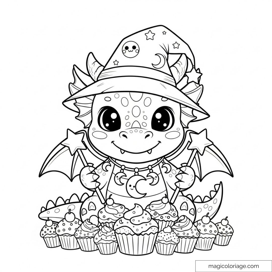 Dessin d'un dragon mignon avec chapeau magique et cupcakes
